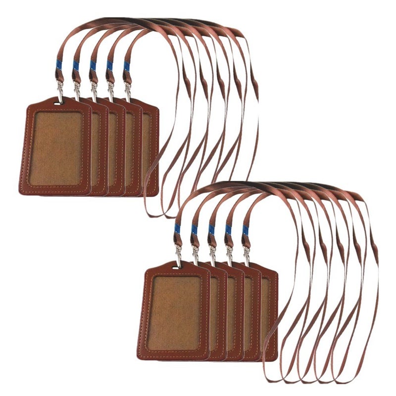 yueton 10pcs Vertical Style Leather Business ID Badge Card Holder, Name Card Business Card Holder Tag with Long Neck Strap Band Lanyard (Brown) - Image 1